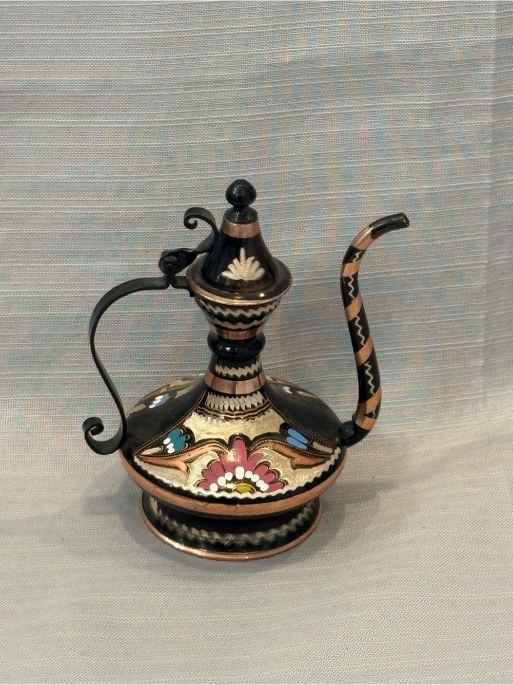 Hand-Painted Decorative Ewer - Black with Pink and Blue Accents